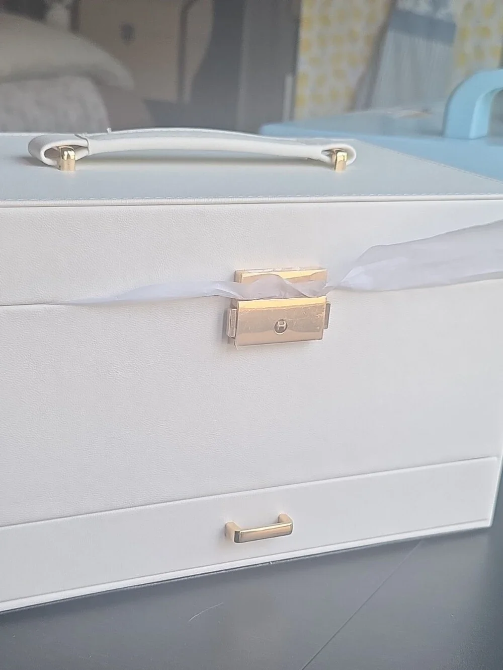 White Faux Leather Jewelry Storage Case with Gold Hardware